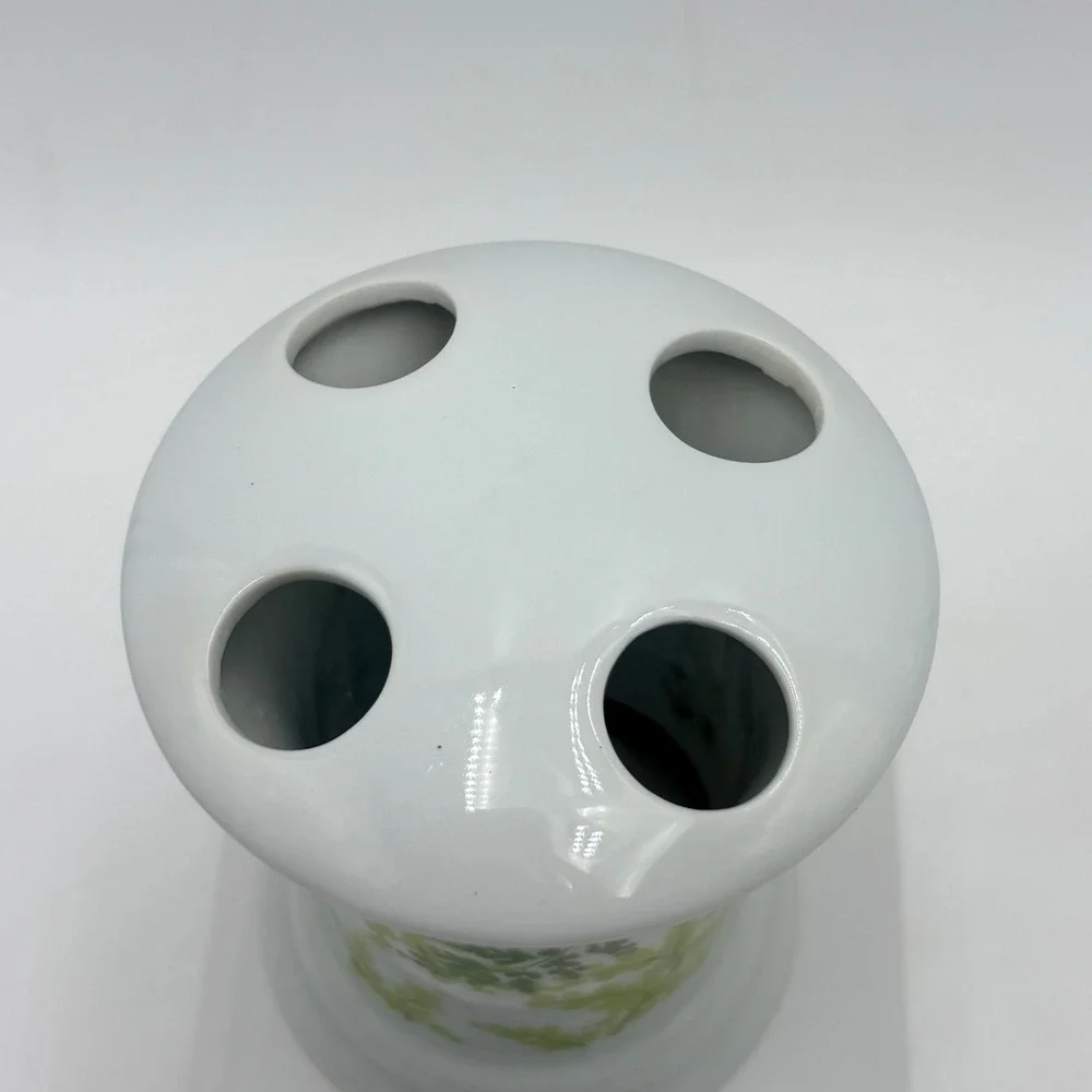Vintage White Ceramic Toothbrush Holder Green‎ Fern Botanical Leaf 4 Slot Vanity
